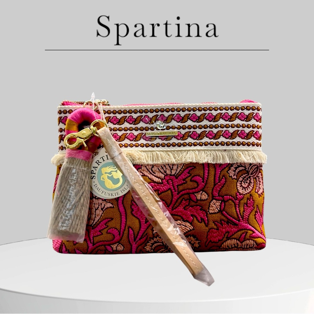 Spartina 449 Pink and Brown Clutch with Intricate Patterns